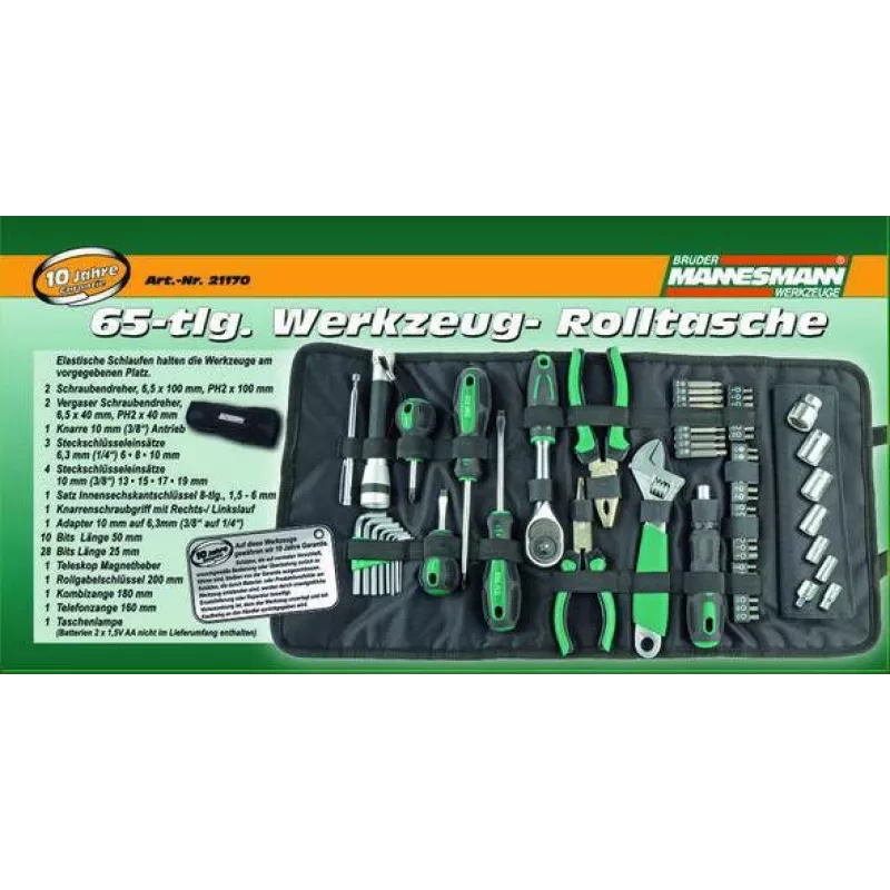 Brüder Mannesmann M21170 Set di utensili da 65 pezzi in borsa in tessuto, acciaio cromo-vanadio, nero/verde