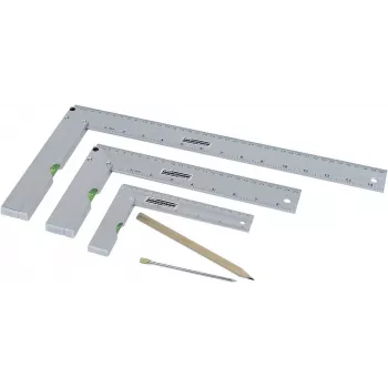 Brüder Mannesmann M81210 Set da 5 squadre con punta per tracciare, acciaio temprato, metriche, righello 100 mm, goniometro 0-180°, squadra per giunzioni a 45°, squadra di centratura, custodia in plastica 0418002