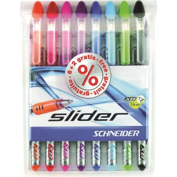 Schneider Slider Basic set di penne a sfera - 8 colori diversi, punta extra larga 1,4 mm, tecnologia Viscoglide, impugnatura ergonomica gommata, clip in acciaio inox 151298