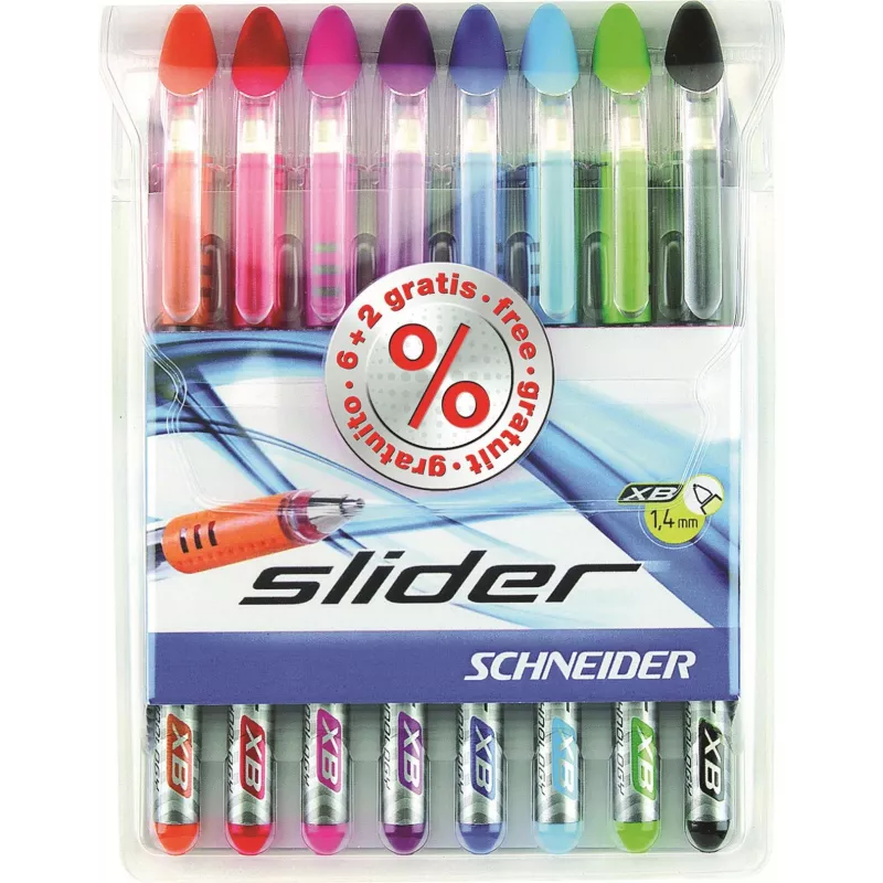 Schneider Slider Basic set di penne a sfera - 8 colori diversi, punta extra larga 1,4 mm, tecnologia Viscoglide, impugnatura ergonomica gommata, clip in acciaio inox 151298