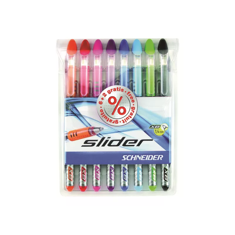 Schneider Slider Basic set di penne a sfera - 8 colori diversi, punta extra larga 1,4 mm, tecnologia Viscoglide, impugnatura ergonomica gommata, clip in acciaio inox 151298