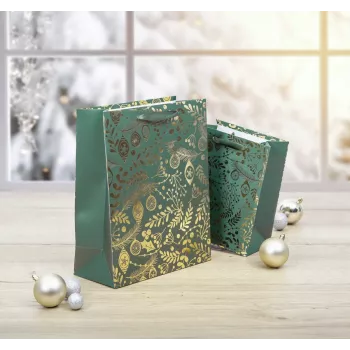 SIGEL GT118 sacchetti regalo, ornamenti dorati su verde, 26 x 32 cm, confezione da 5