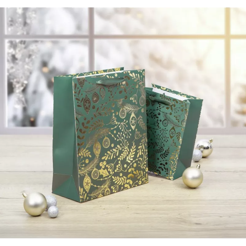 SIGEL GT118 sacchetti regalo, ornamenti dorati su verde, 26 x 32 cm, confezione da 5