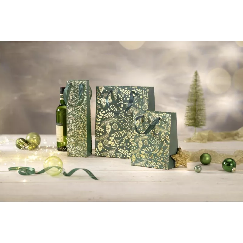 SIGEL GT118 sacchetti regalo, ornamenti dorati su verde, 26 x 32 cm, confezione da 5