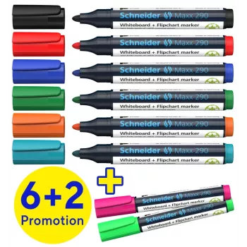 Schneider Maxx 290 pennarelli per lavagna bianca e flipchart set da 8 colori assortiti, punta tonda 2,0-3,0 mm 129098