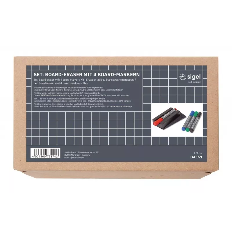 SIGEL BA151 set accessori per lavagna bianca, 4 pennarelli cancellabili a secco, cancellino magnetico, portapennarelli magnetico, spray detergente 50 ml, 10 panni detergenti, nero