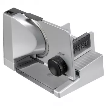 ritter solida 4 Affettatrice con motore ECO struttura interamente in metallo, inclinata - regolazione dello spessore di taglio fino a circa 23 mm - interruttore di sicurezza momentaneo e continuo - carrello scorrevole con piano in acciaio inox - made in Germany (554.070)