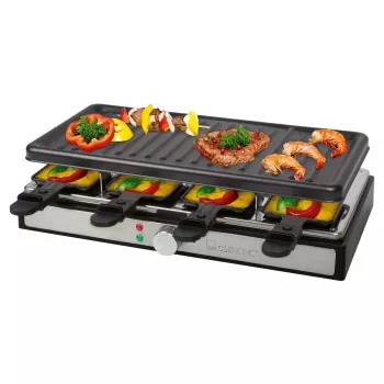 Clatronic RG 3757 raclette grill, rettangolare, piastra grill rigata 42x21 cm, 8 padelline per raclette, 1400 W, acciaio inox/plastica 263946