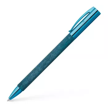 Faber-Castell Ambition penna a sfera – corpo in legno blu, inchiostro nero, anello decorativo cromato 148035