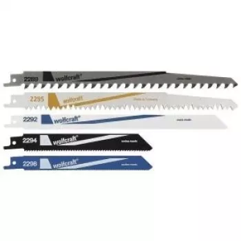 Wolfcraft 3599000 set lame per seghetto alternativo, 5 pezzi, HCS e bimetallo, 150/230 mm, 6/18 TPI, gambo universale 1/2 pollice