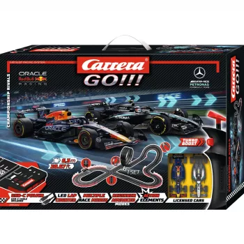 Carrera GO!!! Championship Rivals set da corsa elettrico con slotcar scala 1:43, pista 5,3 m, Red Bull vs. Mercedes F1