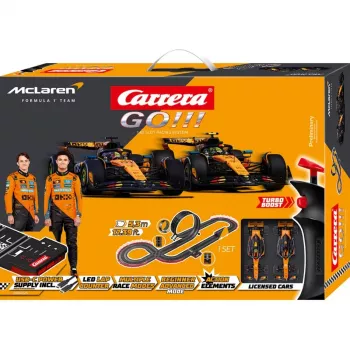 Carrera GO!!! McLaren Racing set slotcar elettrico scala 1:43 con looping, fly-over, strettoia, 2 controller, pista 6,2 m