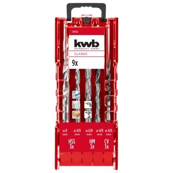 kwb 109154 Set punte per muratura, 9 pezzi, 4/6/8 mm, con placchetta in metallo duro, DIN 8039