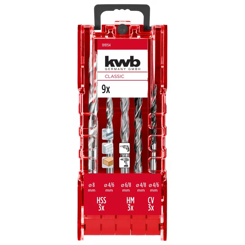 kwb 109154 Set punte per muratura, 9 pezzi, 4/6/8 mm, con placchetta in metallo duro, DIN 8039