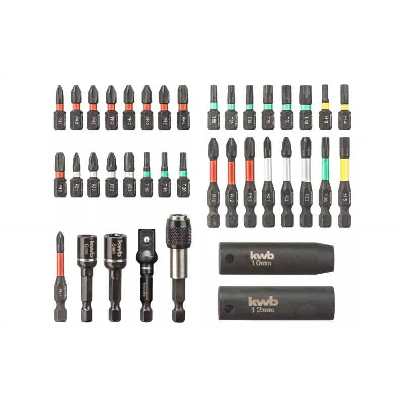 kwb 109010 Set di bit, 39 pezzi, bit in acciaio S2, gambo esagonale 1/4 inch, portabit magnetico a cambio rapido, codificati a colori