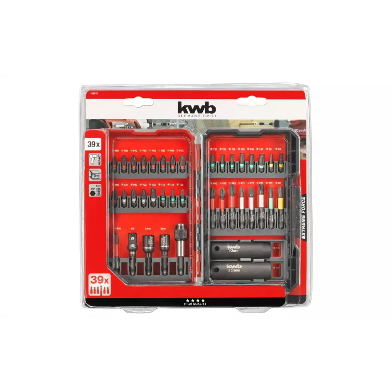 kwb 109010 Set di bit, 39 pezzi, bit in acciaio S2, gambo esagonale 1/4 inch, portabit magnetico a cambio rapido, codificati a colori