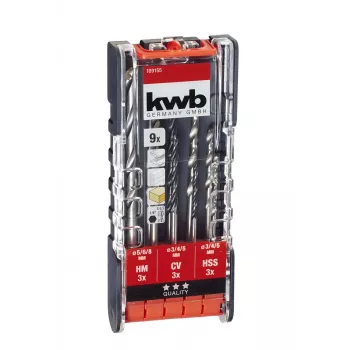 KWB 109155 Set di punte elicoidali HSS, 9 pezzi, 1,5-6,0 mm, DIN 338, rettificate, per metallo, plastica, legno