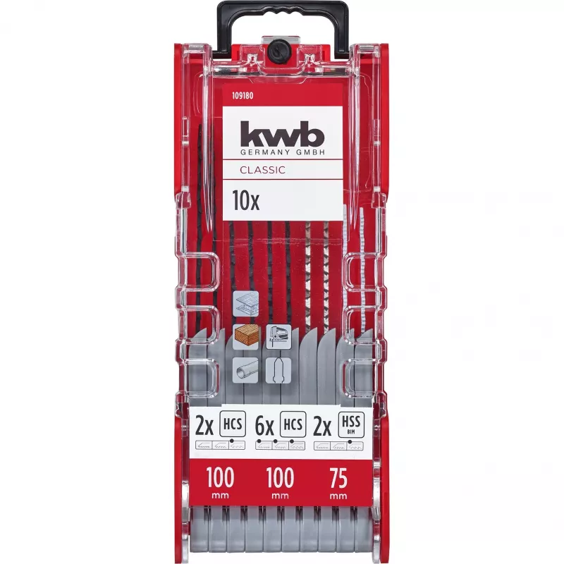 kwb 109180 Set di lame per seghetto alternativo, 10 pezzi, gambo a T, legno/metallo/plastica