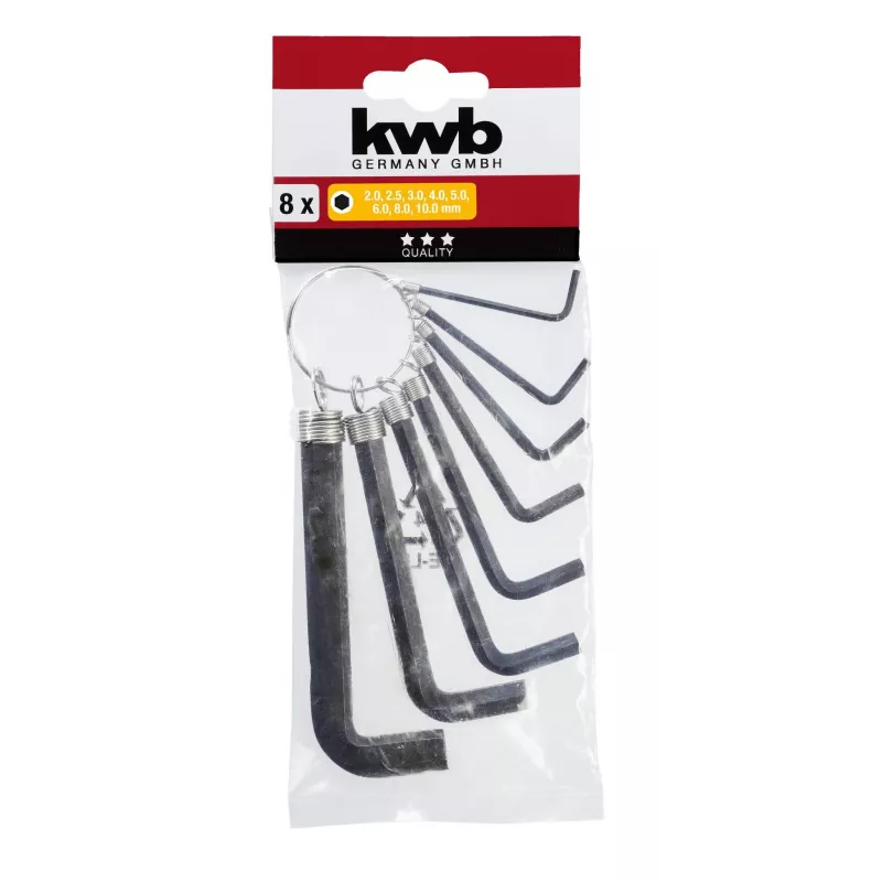 kwb set di chiavi a brugola da 8 pezzi, metrico, acciaio cromo-vanadio, forma a L, misure 2-10 mm 147388
