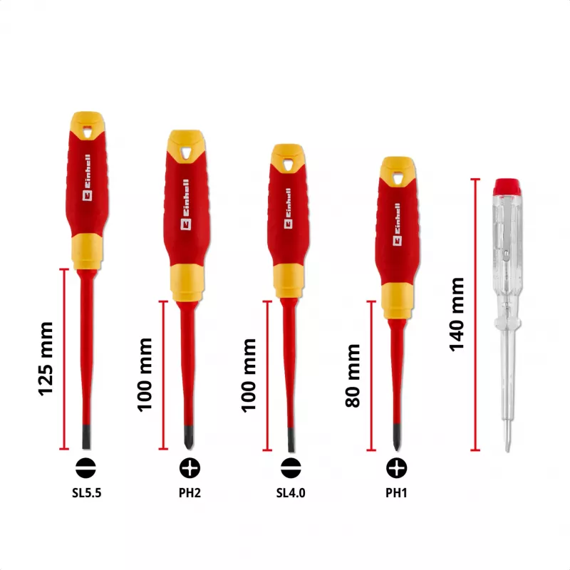 Einhell Set cacciaviti VDE per elettricisti, 5 pz., SL 4,0/5,5, PH 1/2, cercafase, 370541