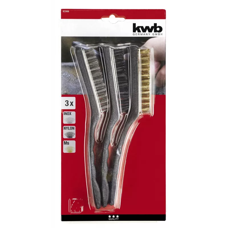 kwb set 3 pezzi spazzole metalliche – setole in acciaio, ottone e nylon con impugnature ergonomiche (923490)