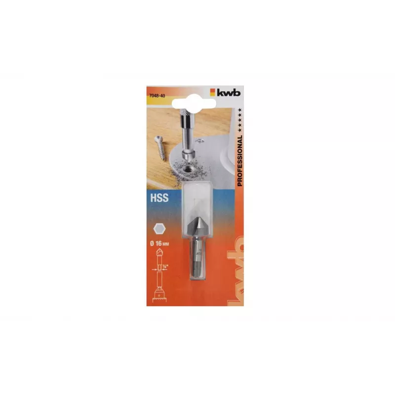 KWB 704840 svasatore conico HSS 16 mm, 90°, 3 taglienti, gambo cilindrico