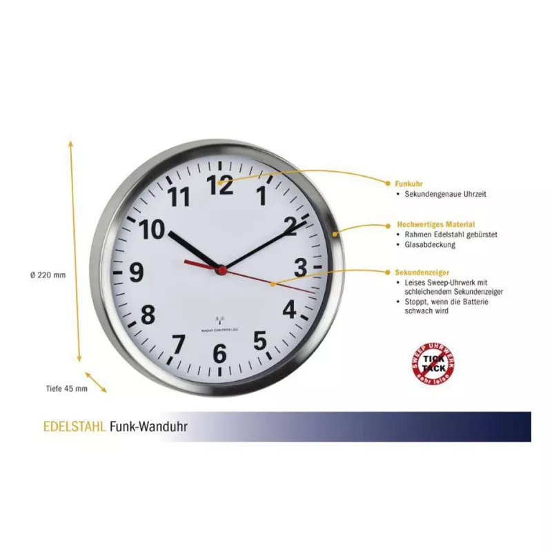 TFA Dostmann 60.3529.02 Orologio da parete radio 220 mm alluminio lancetta dei secondi continua
