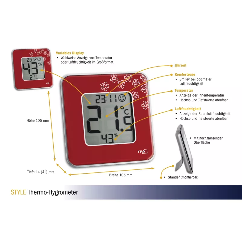 TFA Dostmann Style Igrometro elettronico per interni rosso (30.5021.05)