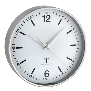 TFA DOSTMANN Orologio da parete radio 60.3503.02, diametro 195 mm, cornice in alluminio, quadrante bianco, argento