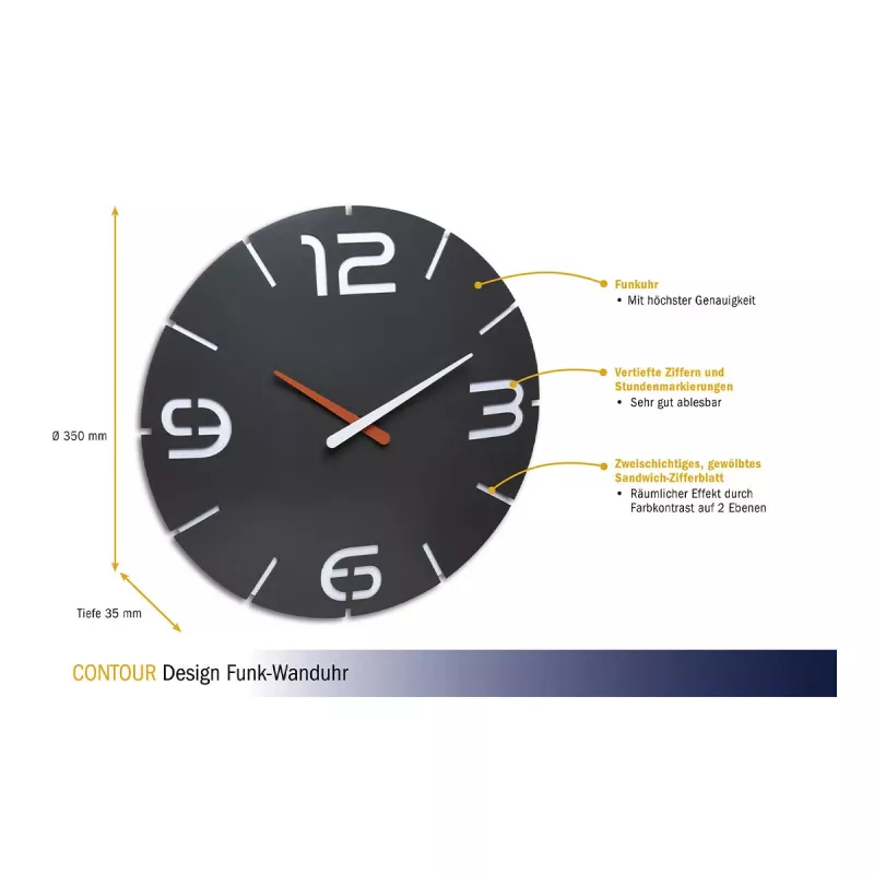 TFA Dostmann orologio da parete radiocontrollato design Contour, nero/bianco (60.3536.10)
