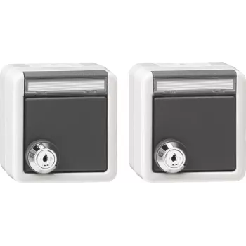 Set Gira 2x presa SCHUKO con serratura e coperchio a ribalta, da parete, IP44, a chiusura unificata, bianco puro 456030
