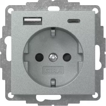 Gira System 55 Presa SCHUKO con caricabatterie USB A/C, alluminio 245926
