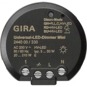 GIRA 244000 Modulo dimmer LED universale, da incasso, elettronico, 230 V AC, 3-100 W LED / 20-200 W alogeno, taglio di fase iniziale, softstart, funzione memoria