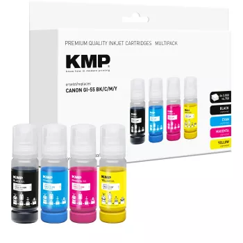 Set d'inchiostro di ricarica KMP per Canon GI-55BK/C/M/Y, 4x70 ml confezione combinata (nero, ciano, magenta, giallo) 1587,0005