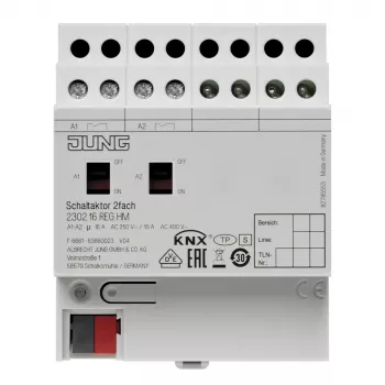 Jung attuatore KNX, 2 canali, 16 A, 230 V AC, guida DIN, 2 moduli 2302.16REGHM