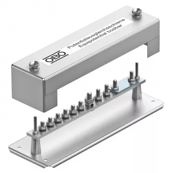 OBO Bettermann barra equipotenziale 1810, 348 mm, 10 punti di collegamento, coperchio trasparente 5015057