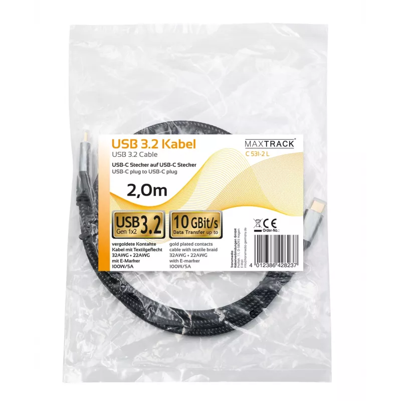 Maxtrack C531-2L cavo USB-C a USB-C 3.2 Gen2 10Gbps 100W PD 2m nero