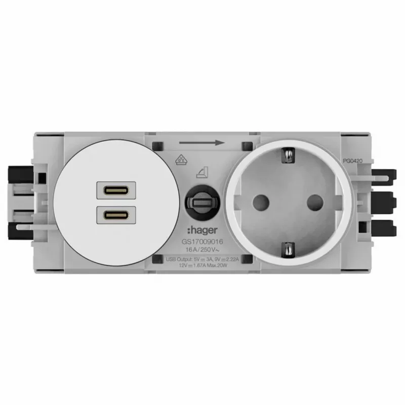 Hager presa SCHUKO da incasso Winsta con caricabatterie 2x USB-C PD 20W, bianco puro GS17009016