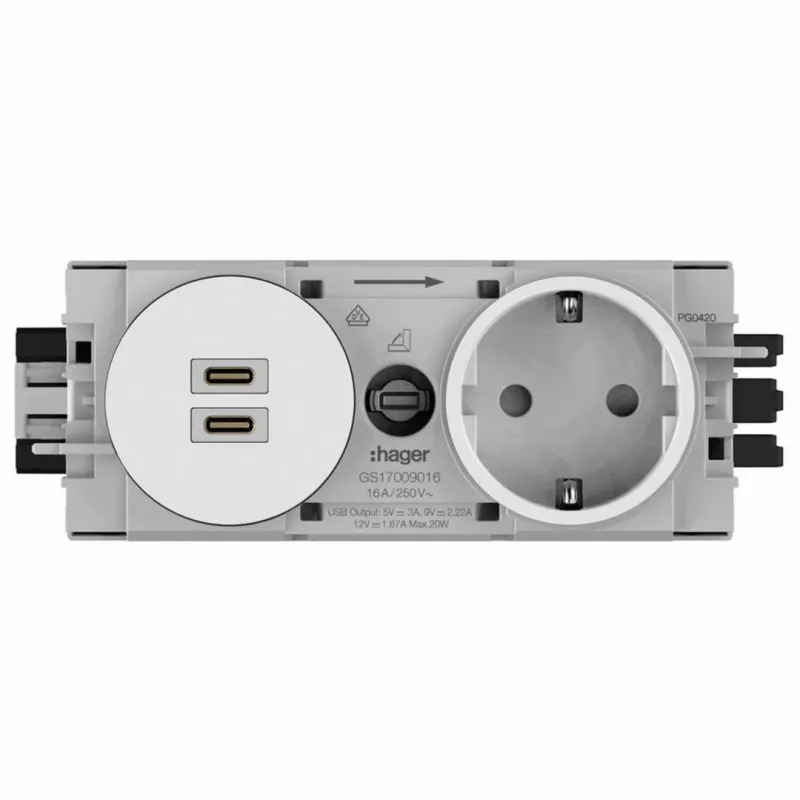 Hager presa SCHUKO da incasso Winsta con caricabatterie 2x USB-C PD 20W, bianco puro GS17009016
