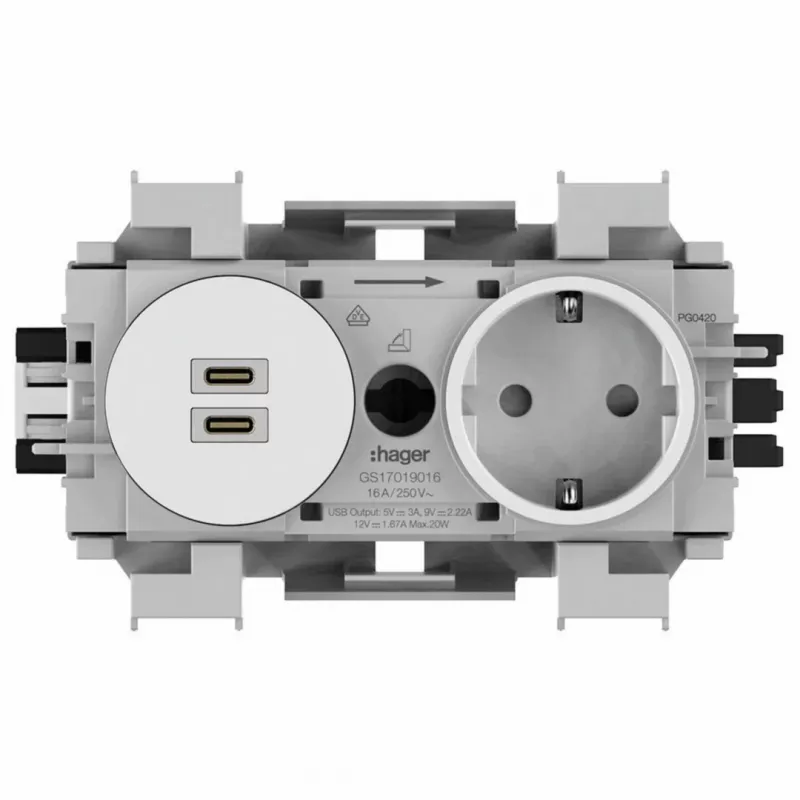 Hager presa Schuko Winsta con caricabatterie Dual USB-C PD 20W, bianco polare GS17019016