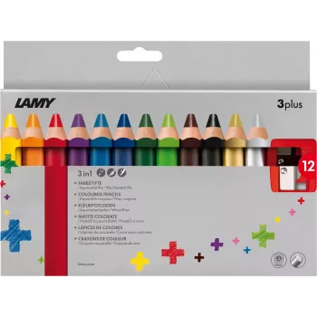 LAMY 3plus matite colorate set da 12, mine extra spesse 3,3 mm infrangibili, impugnatura ergonomica triangolare, colori assortiti 1223548