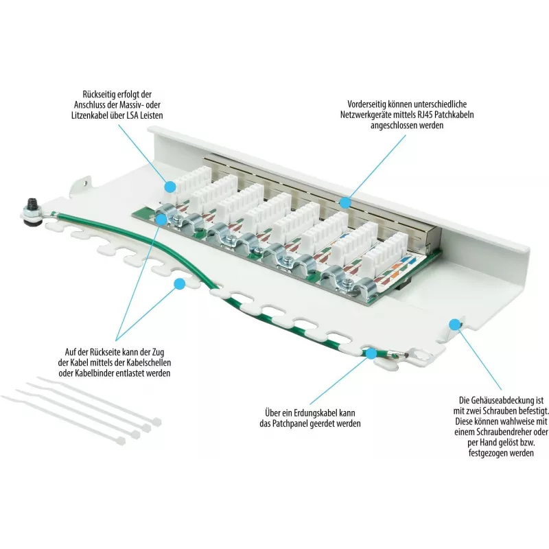 GoodConnections GC-N0113 Patch panel desktop Cat.6 STP 8 porte, 0,5U, senza attrezzi, bianco puro RAL9010