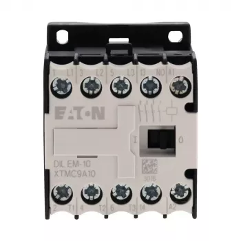 Eaton DILEM-10-G(12VDC) mini contattore, 3 poli, bobina 12 V DC, 9 A AC-3, 1 contatto ausiliario NO, IP20, morsetti a vite, montaggio su guida DIN/a vite, nero/bianco 079594