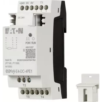 Eaton easyE4 DC 4PE1 Modulo di espansione ingressi RTD, 4 canali, Pt100/Pt1000/Ni100/Ni1000, morsetti a vite, guida DIN, 24 V DC