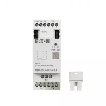 Eaton easyE4 DC 4PE1 Modulo di espansione ingressi RTD, 4 canali, Pt100/Pt1000/Ni100/Ni1000, morsetti a vite, guida DIN, 24 V DC