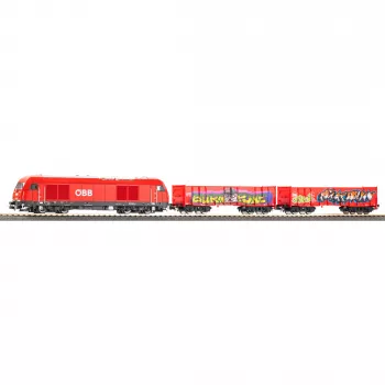 PIKO 57033 H0 set di avvio per bambini treno merci ÖBB Rh 2016 con due carri Eaos aperti