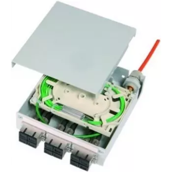 Telegärtner STX distributore in fibra ottica per guida DIN, 6x ST Duplex multimodale, 12x pigtail G50/125 OM2, cassetto di giunzione (H82050F0001)