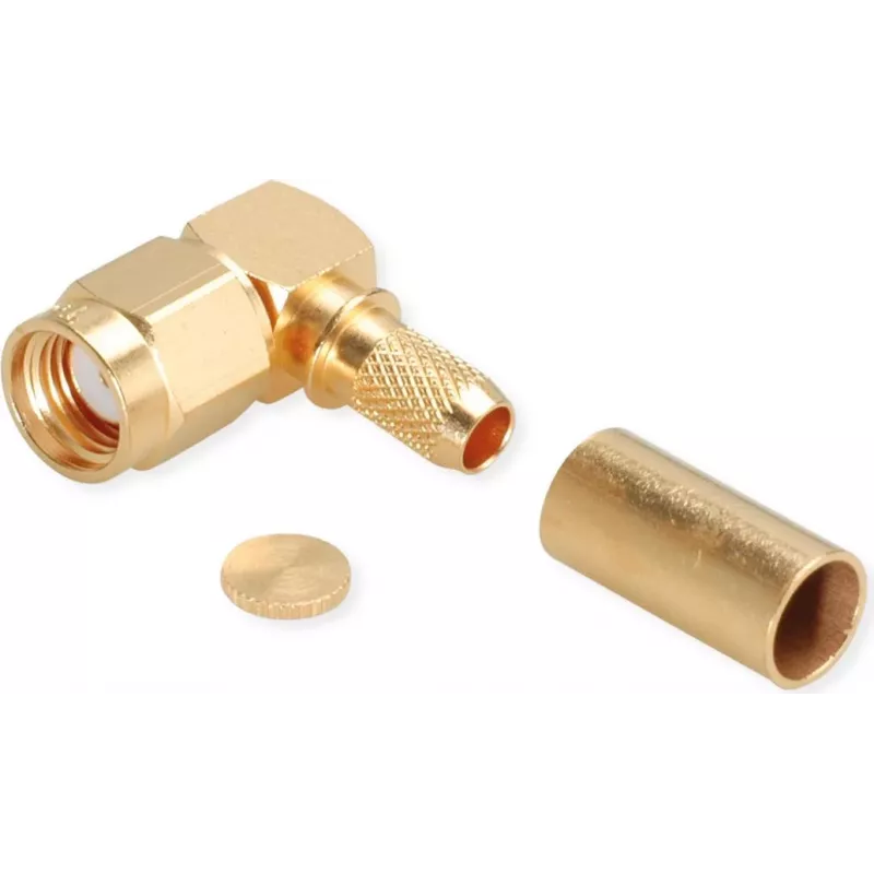 TELEGÄRTNER RP-SMA connettore maschio angolare crimp per RG-58C/U, 50 Ohm, dorato