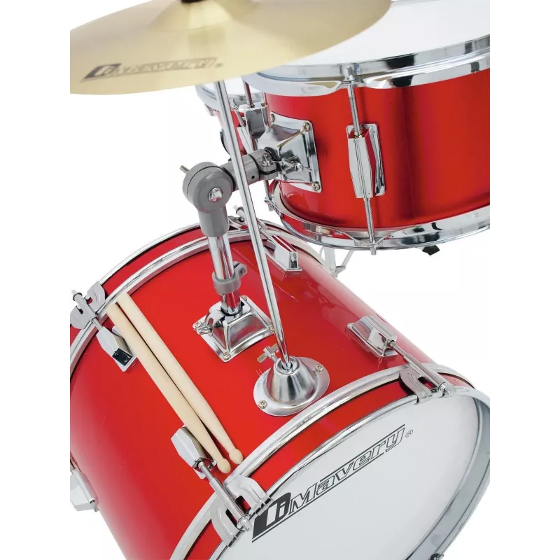 DIMAVERY batteria per bambini rossa set acustico 5 pezzi con piatti, sgabello e bacchette