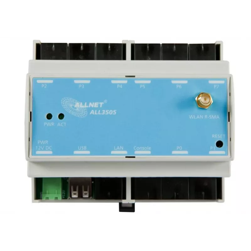 ALLNET ALL3505v2 Controller IP per automazione edifici con 8 porte sensori, montaggio su guida DIN